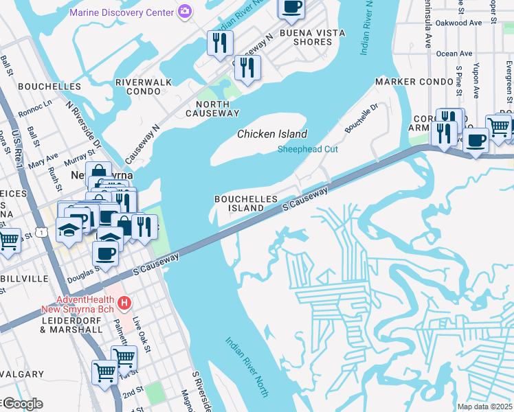 map of restaurants, bars, coffee shops, grocery stores, and more near 31 Richmond Drive in New Smyrna Beach