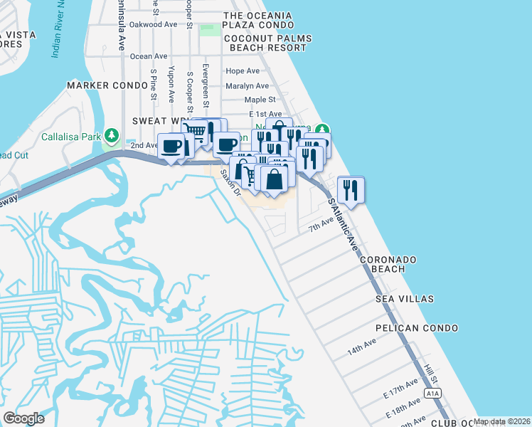 map of restaurants, bars, coffee shops, grocery stores, and more near 727 East 3rd Avenue in New Smyrna Beach