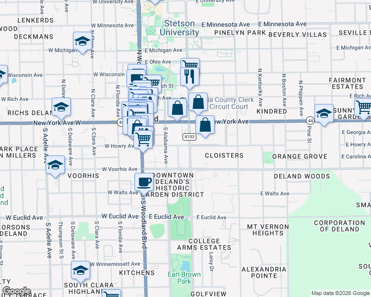 map of restaurants, bars, coffee shops, grocery stores, and more near 233 East Howry Avenue in DeLand