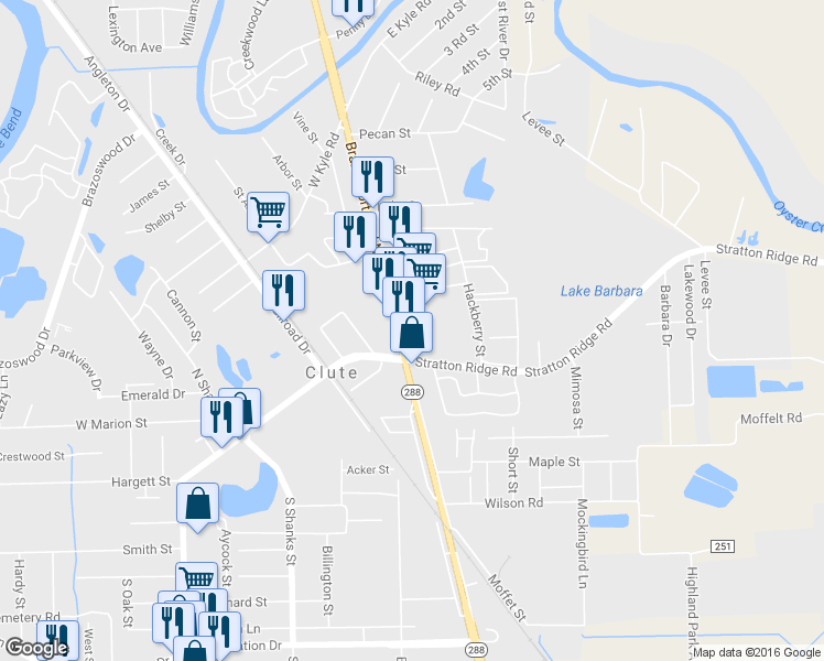 map of restaurants, bars, coffee shops, grocery stores, and more near 105 Brazosport Blvd N in Clute