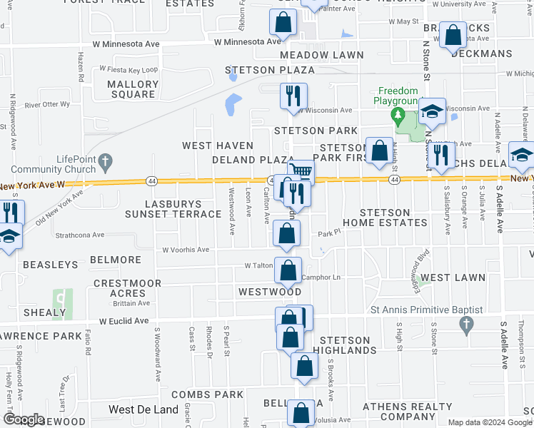 map of restaurants, bars, coffee shops, grocery stores, and more near 1480 West Howry Avenue in DeLand