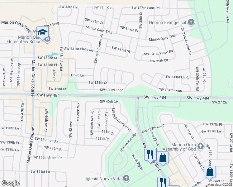 map of restaurants, bars, coffee shops, grocery stores, and more near 3600 County Highway 484 in Ocala