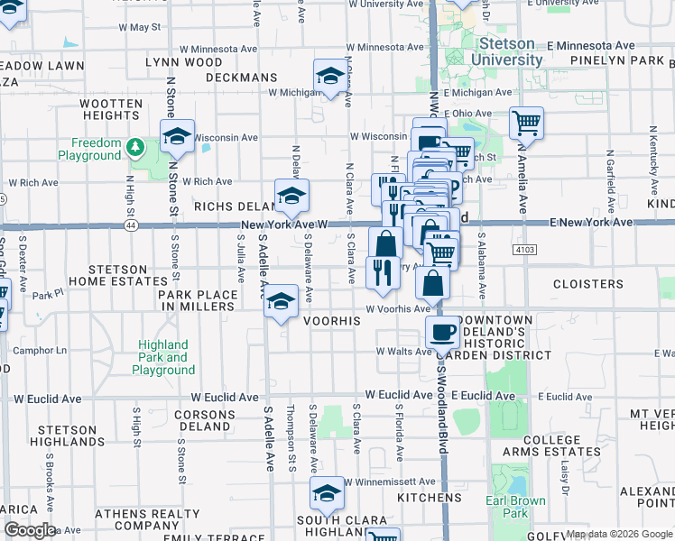 map of restaurants, bars, coffee shops, grocery stores, and more near 150 South Clara Avenue in DeLand