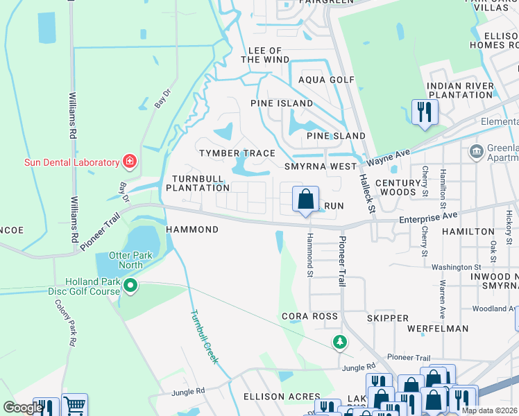 map of restaurants, bars, coffee shops, grocery stores, and more near 88 Egret Drive in New Smyrna Beach