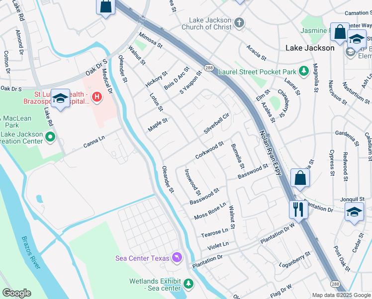 map of restaurants, bars, coffee shops, grocery stores, and more near 522 Lotus Street in Lake Jackson