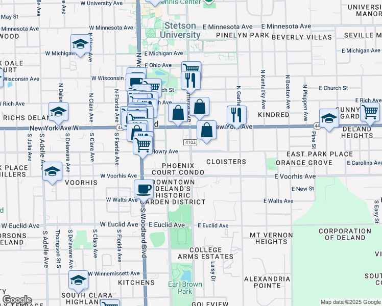 map of restaurants, bars, coffee shops, grocery stores, and more near 201 County Road 4103 in DeLand