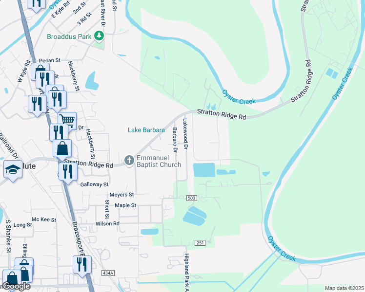 map of restaurants, bars, coffee shops, grocery stores, and more near 142 Lakewood Drive in Clute