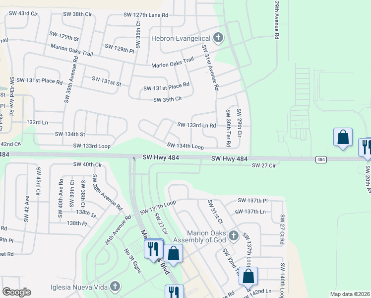 map of restaurants, bars, coffee shops, grocery stores, and more near 13309 29th Circle in Ocala