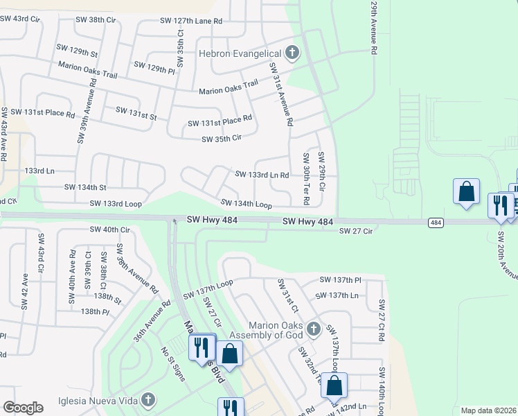 map of restaurants, bars, coffee shops, grocery stores, and more near 13309 Southwest 29th Circle in Ocala