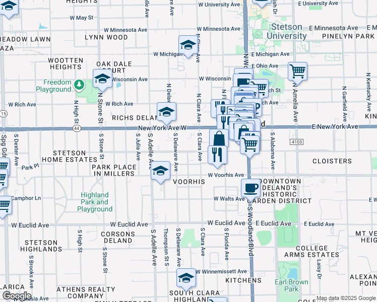 map of restaurants, bars, coffee shops, grocery stores, and more near 333 West Howry Avenue in DeLand