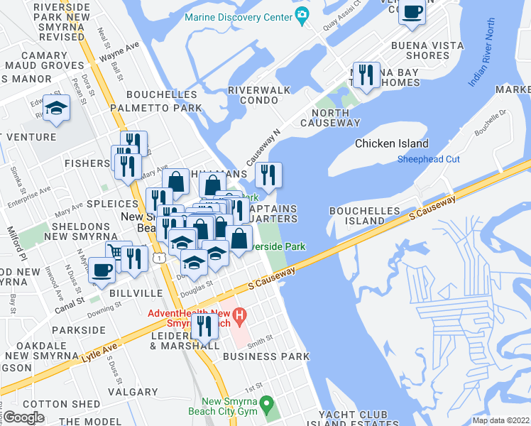 map of restaurants, bars, coffee shops, grocery stores, and more near in New Smyrna Beach