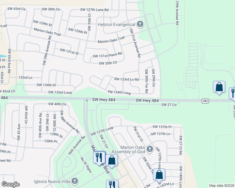 map of restaurants, bars, coffee shops, grocery stores, and more near 13325 Southwest 29th Circle in Ocala