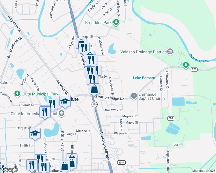 map of restaurants, bars, coffee shops, grocery stores, and more near 107 Hackberry Street in Clute