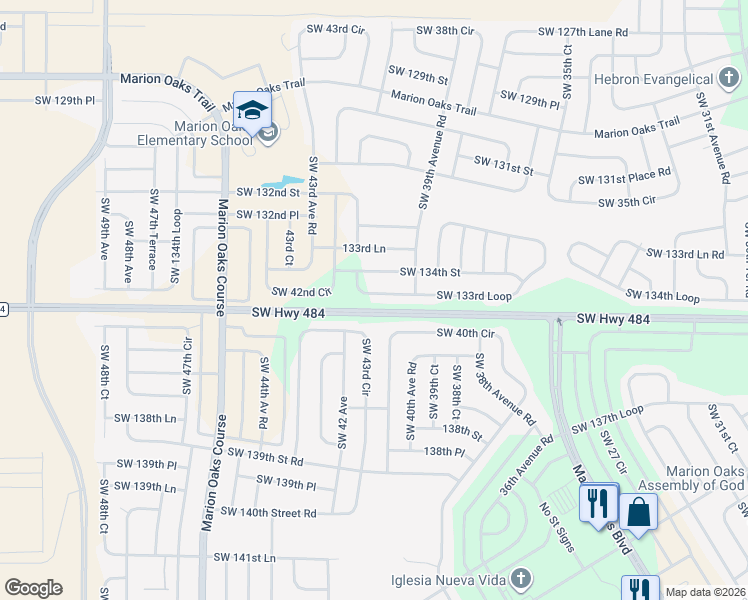 map of restaurants, bars, coffee shops, grocery stores, and more near 4102 Southwest 133rd Loop in Ocala