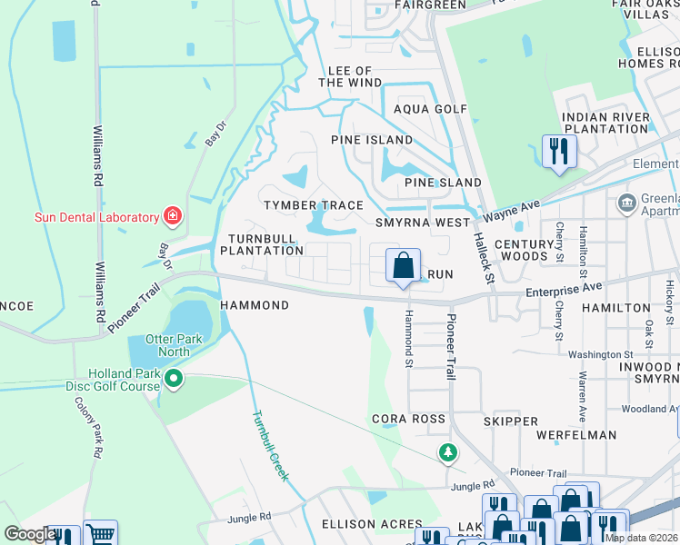map of restaurants, bars, coffee shops, grocery stores, and more near 88 Egret Drive in New Smyrna Beach