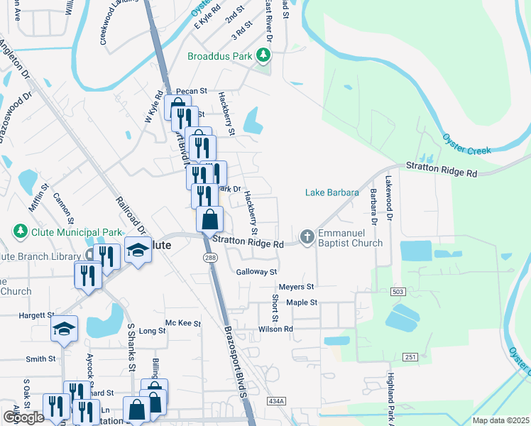 map of restaurants, bars, coffee shops, grocery stores, and more near 101 Hackberry Street in Clute