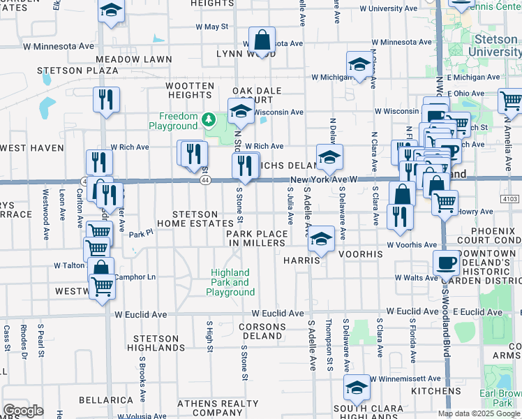 map of restaurants, bars, coffee shops, grocery stores, and more near 617 West Howry Avenue in DeLand