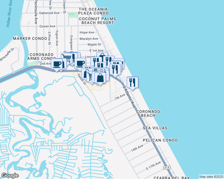 map of restaurants, bars, coffee shops, grocery stores, and more near 1415 Southard Avenue in New Smyrna Beach
