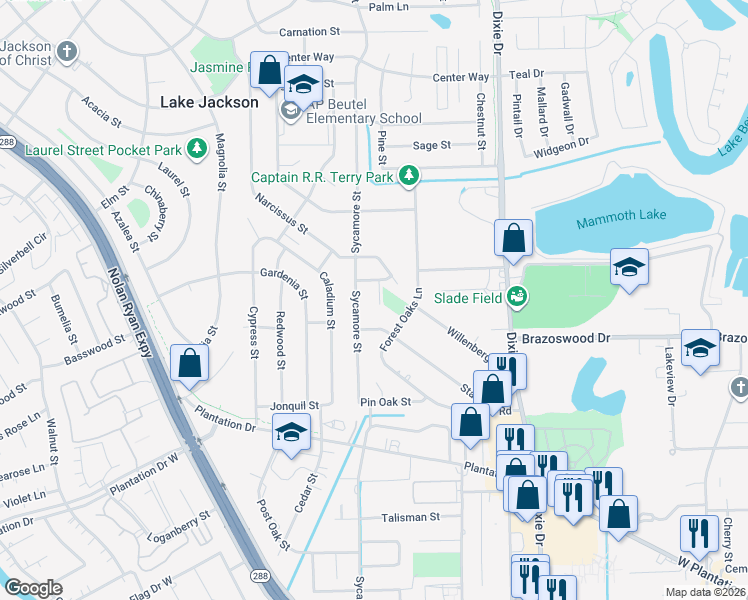 map of restaurants, bars, coffee shops, grocery stores, and more near 58 Aloe Vera Court in Lake Jackson