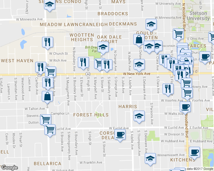 map of restaurants, bars, coffee shops, grocery stores, and more near 635 West Howry Avenue in DeLand