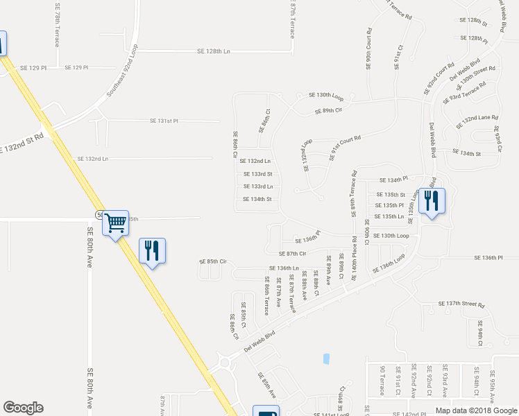 map of restaurants, bars, coffee shops, grocery stores, and more near 13461 Southeast 86th Circle in Summerfield