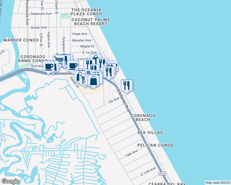 map of restaurants, bars, coffee shops, grocery stores, and more near 1600 South Atlantic Avenue in New Smyrna Beach