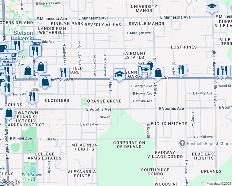 map of restaurants, bars, coffee shops, grocery stores, and more near 146 South Chandler Avenue in DeLand