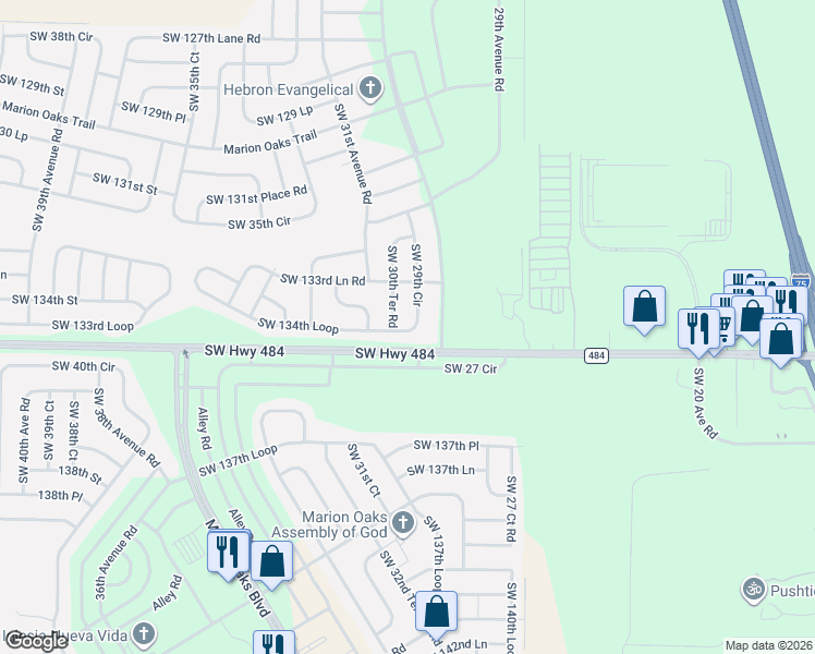 map of restaurants, bars, coffee shops, grocery stores, and more near 13258 Southwest 29th Circle in Ocala