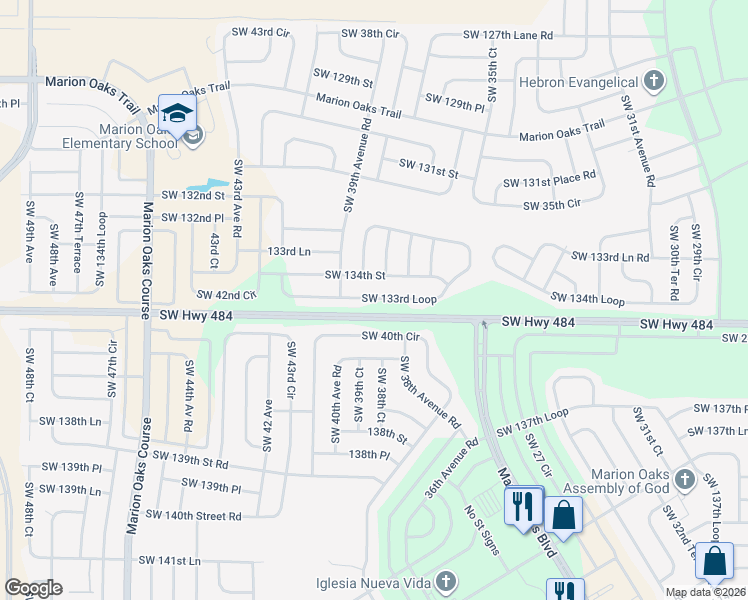 map of restaurants, bars, coffee shops, grocery stores, and more near SW 133rd Ave Ln in Ocala