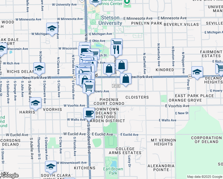 map of restaurants, bars, coffee shops, grocery stores, and more near 233 East Howry Avenue in DeLand
