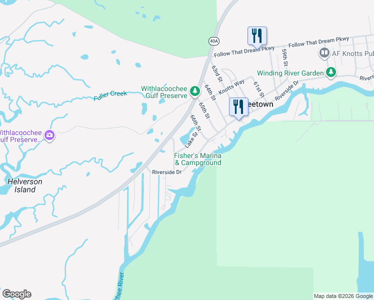 map of restaurants, bars, coffee shops, grocery stores, and more near 6619 Lake Street in Yankeetown