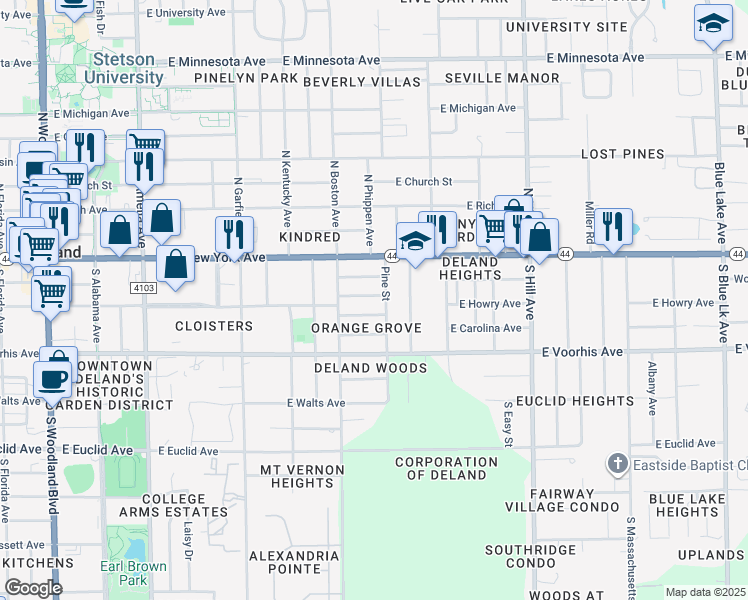 map of restaurants, bars, coffee shops, grocery stores, and more near 746 East Cox Street in DeLand