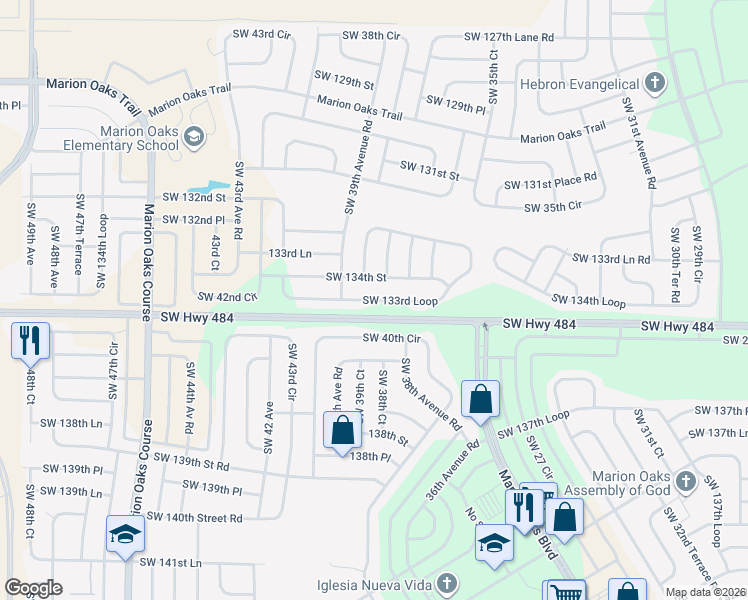 map of restaurants, bars, coffee shops, grocery stores, and more near SW 133rd Ave Ln in Ocala