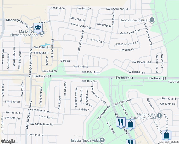 map of restaurants, bars, coffee shops, grocery stores, and more near SW 133rd Ave Ln in Ocala