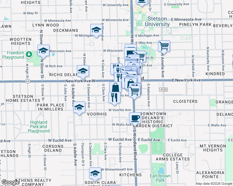 map of restaurants, bars, coffee shops, grocery stores, and more near 201 West Howry Avenue in DeLand