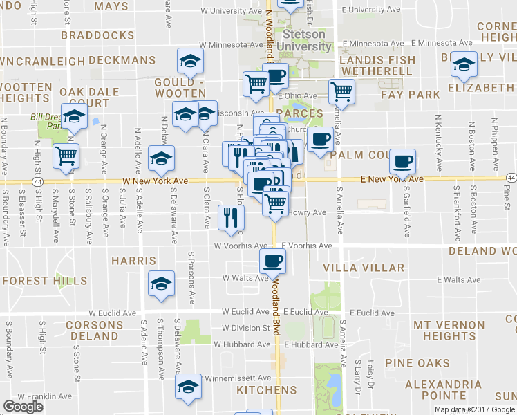 map of restaurants, bars, coffee shops, grocery stores, and more near 123 West Howry Avenue in DeLand