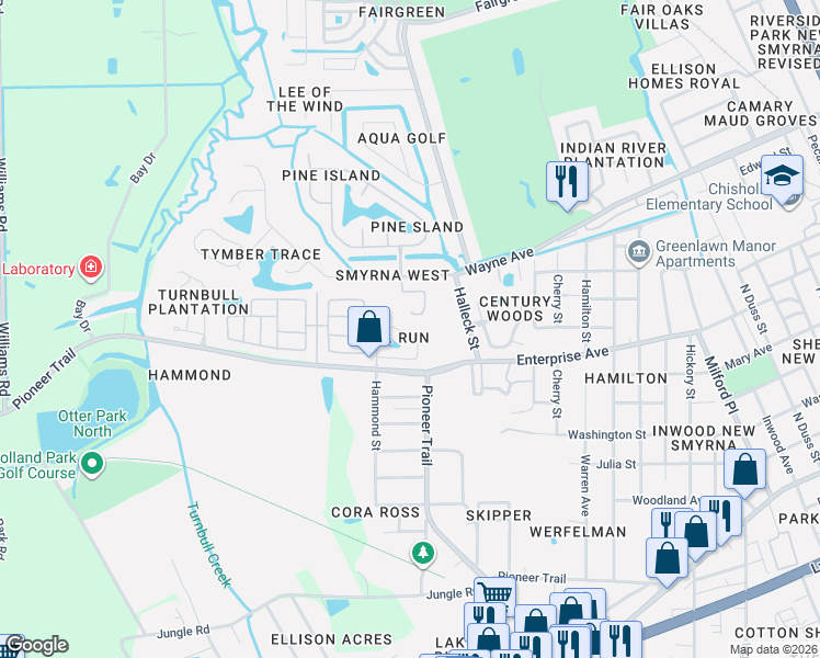 map of restaurants, bars, coffee shops, grocery stores, and more near 529 Mill Run Drive in New Smyrna Beach