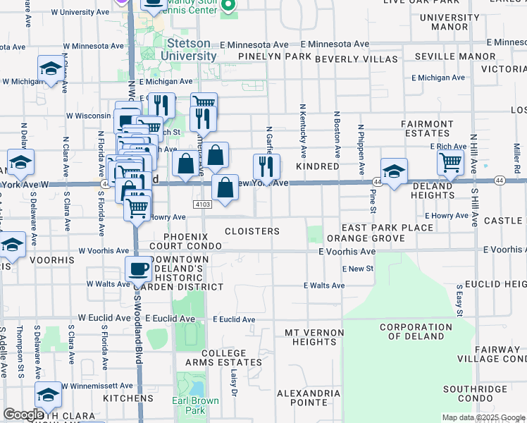 map of restaurants, bars, coffee shops, grocery stores, and more near 137 South Arlington Avenue in DeLand