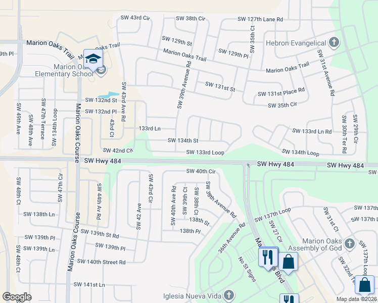 map of restaurants, bars, coffee shops, grocery stores, and more near SW 133rd Ave Ln in Ocala