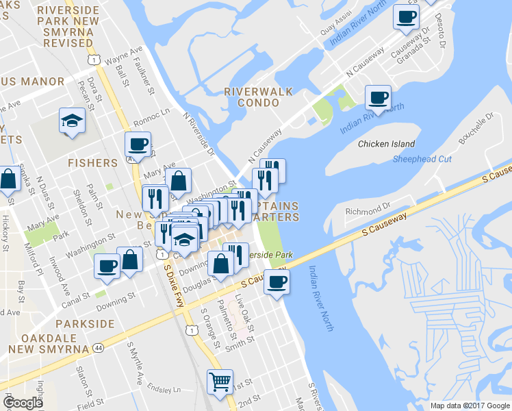 map of restaurants, bars, coffee shops, grocery stores, and more near 111 N Riverside Dr in New Smyrna Beach