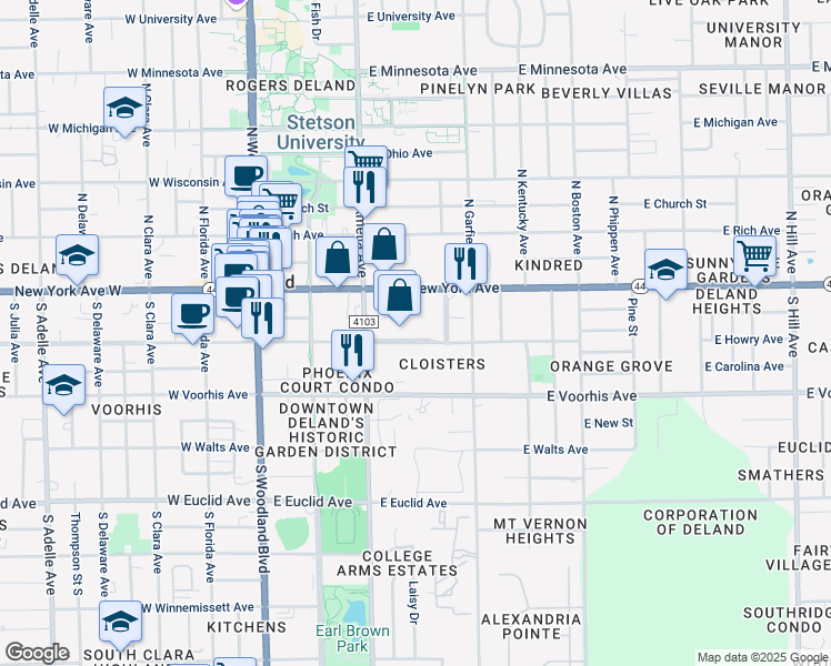 map of restaurants, bars, coffee shops, grocery stores, and more near 342 East Howry Avenue in DeLand