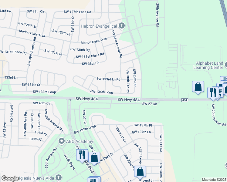 map of restaurants, bars, coffee shops, grocery stores, and more near Southwest 134th Lane in Ocala