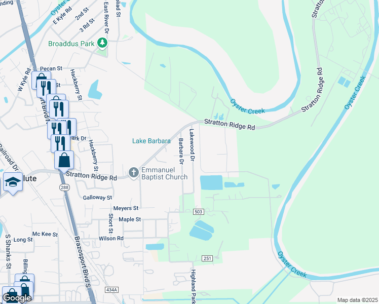 map of restaurants, bars, coffee shops, grocery stores, and more near 142 Lakewood Drive in Clute