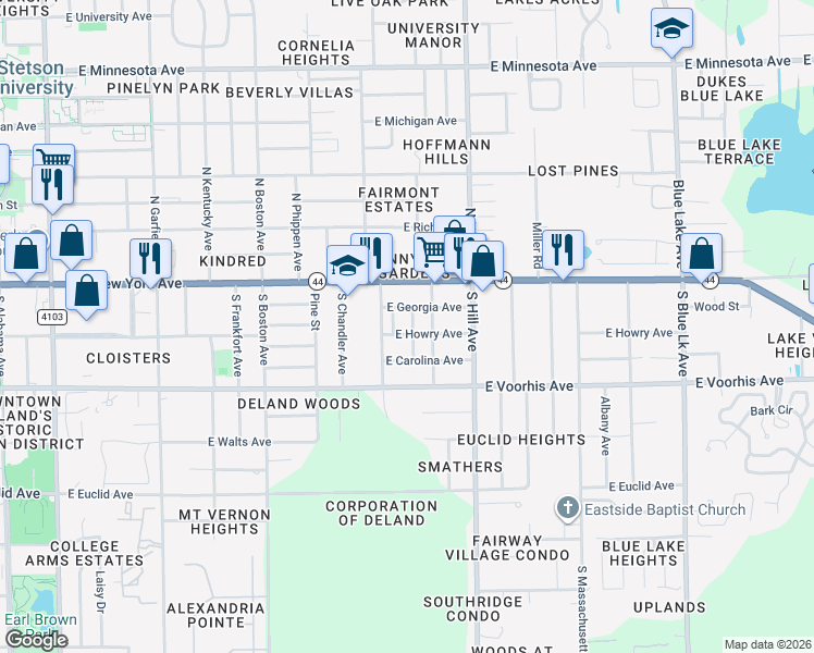 map of restaurants, bars, coffee shops, grocery stores, and more near 120 South Grove Street in DeLand