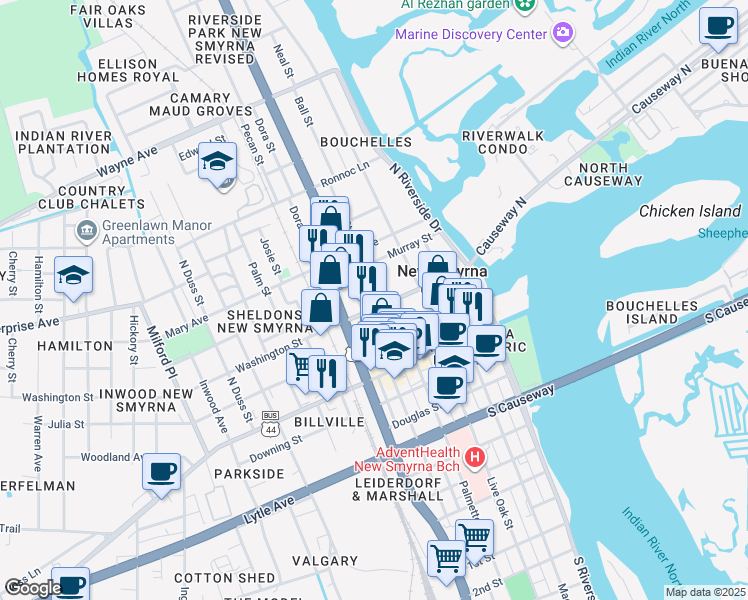 map of restaurants, bars, coffee shops, grocery stores, and more near in New Smyrna Beach