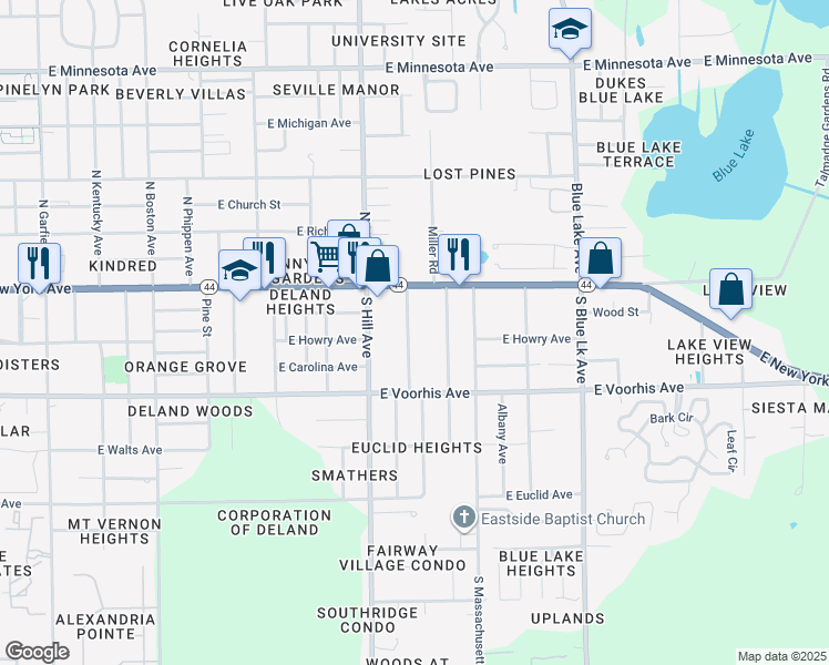 map of restaurants, bars, coffee shops, grocery stores, and more near 133 Pecan Street in DeLand