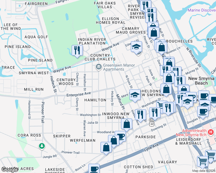map of restaurants, bars, coffee shops, grocery stores, and more near 1213 Enterprise Avenue in New Smyrna Beach