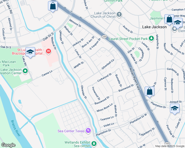 map of restaurants, bars, coffee shops, grocery stores, and more near 522 Lotus Street in Lake Jackson
