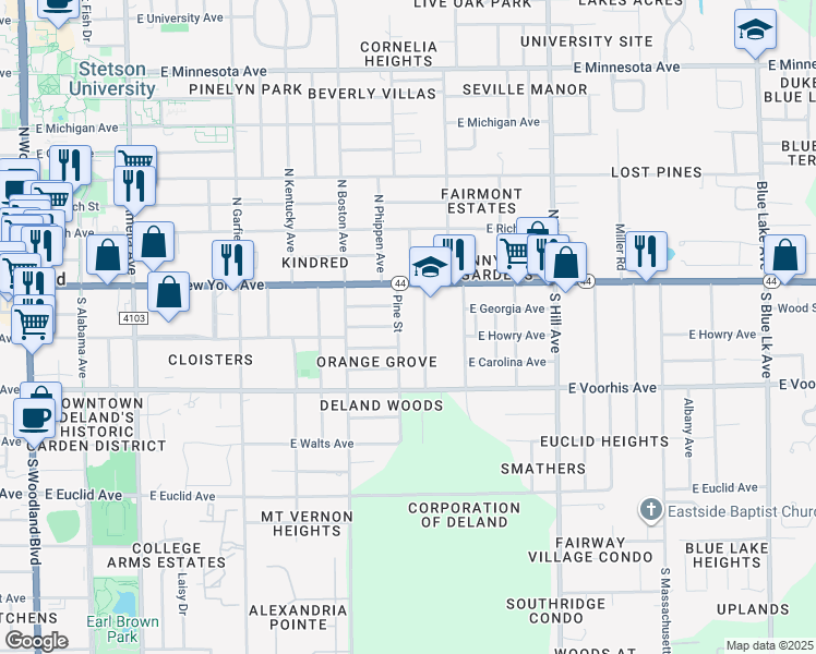 map of restaurants, bars, coffee shops, grocery stores, and more near 135 Pine Street in DeLand