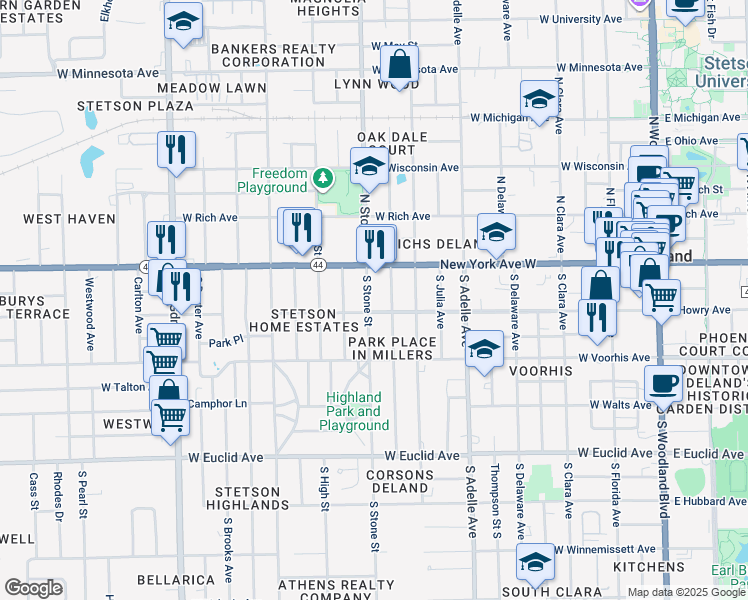 map of restaurants, bars, coffee shops, grocery stores, and more near 635 West Howry Avenue in DeLand